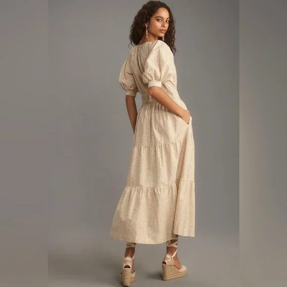 Anthropologie Cream Polka-Dot Puff-Sleeve Tiered Maxi Dress - Picture 2 of 9
